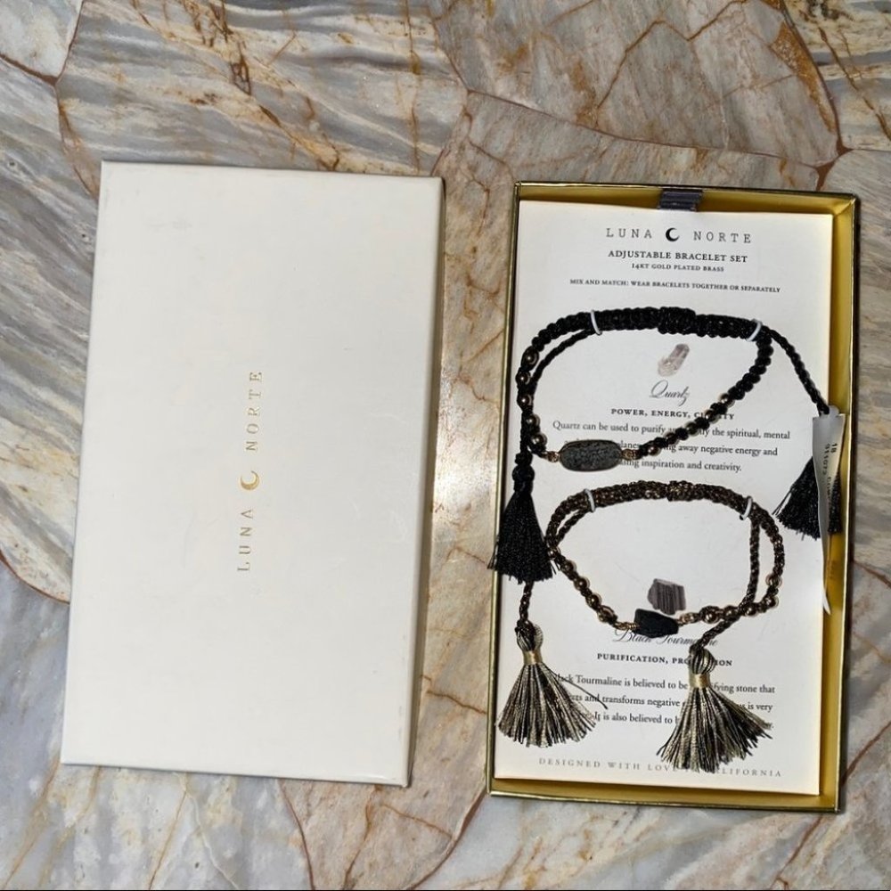 2 PCS LUNA NORTE ADJUSTABLE‎  BRACELET SET: quartz and black tourmaline